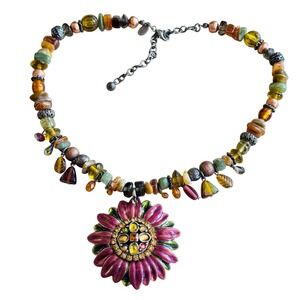 Chico's Flower Pink Daisy Necklace Statement Glass Colorful beads Silver Chicos